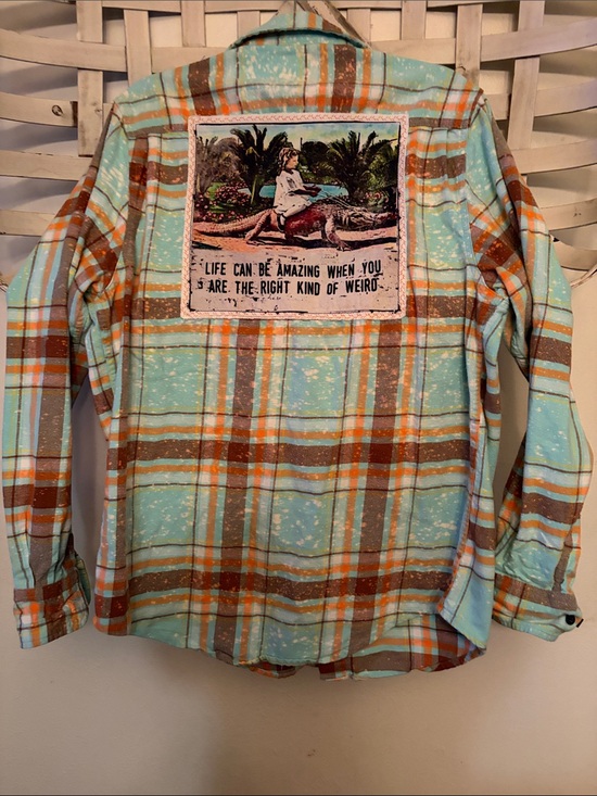 Angry Minnow Tops - Aqua and Brown Flannel Shirt with Graphic Back Patch